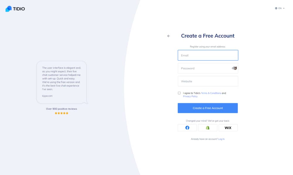 Type in the information to create an account in Tidio