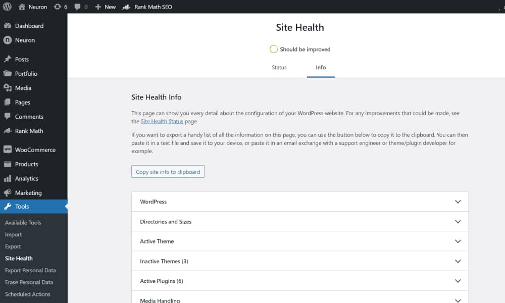 Go to Site Health to find WordPress information 1
