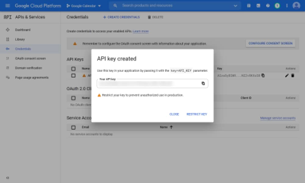 Copy the API Google Calendar Key 1